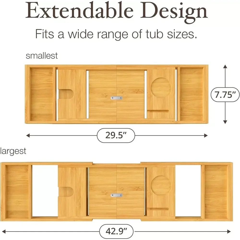 NEW - Bamboo Bathtub Tray Table - Collapsible &‎ Adjustable Bathtub Caddy